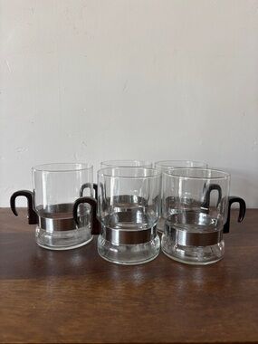 VINTAGE MCM - Glass tea cups with Stainless Steel/Plastic Handles - Set of 5